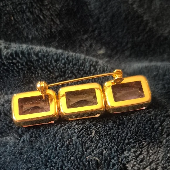 Vintage Three Glass Stone Bar Pink Clear Brooch - Picture 5 of 5